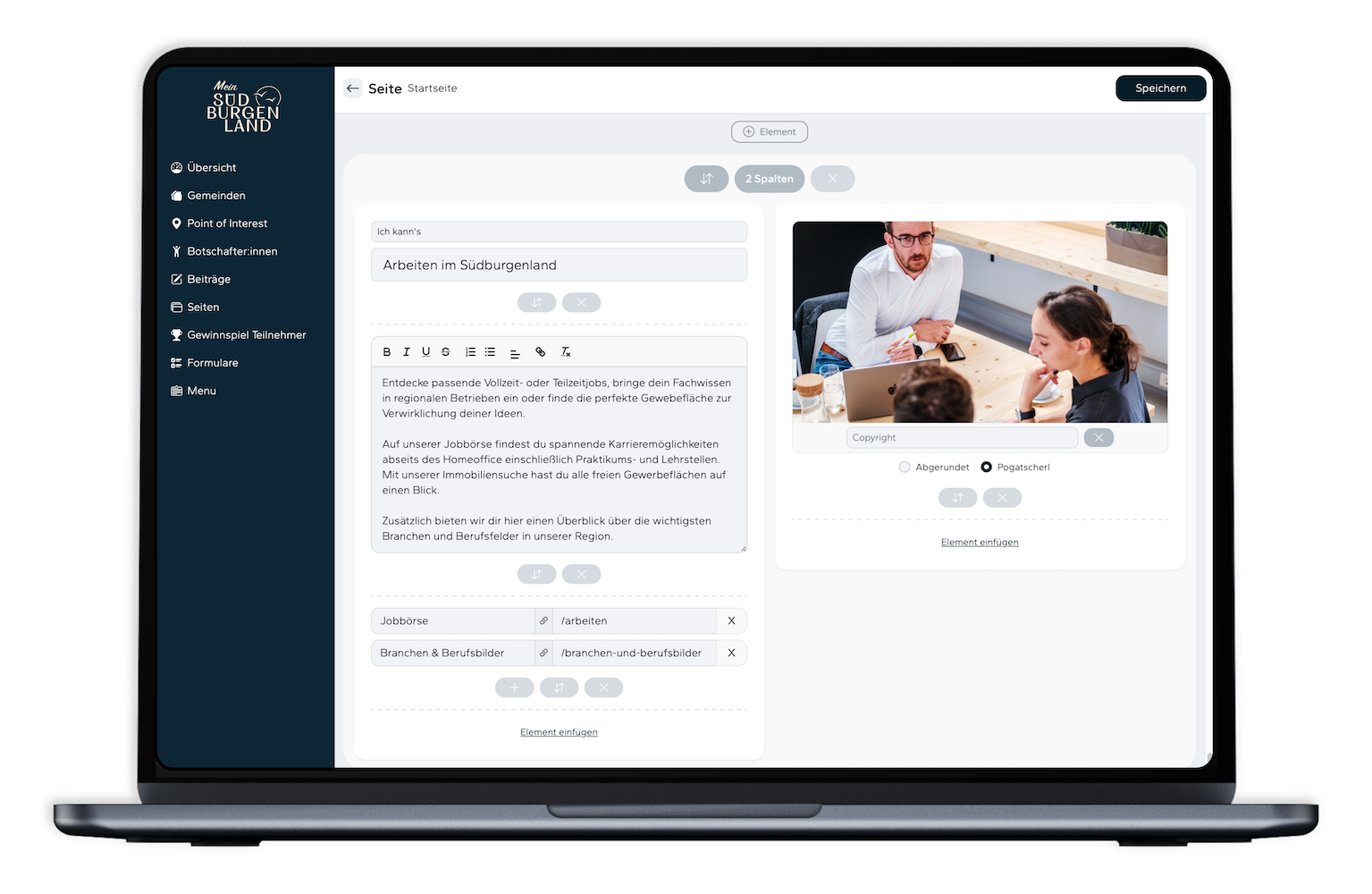 Der Spect GmbH Page Builder in Mein Südburgenland zur einfachen Erstellung und Bearbeitung von Seiten