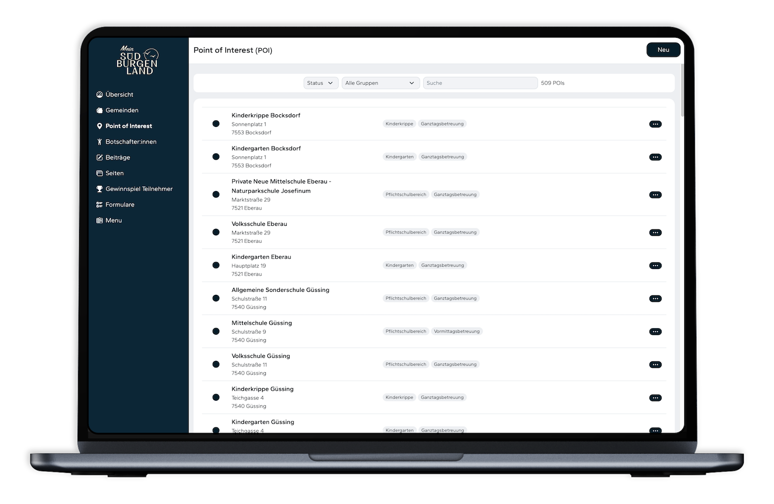 POI Management der für Gemeinden mit Berechtigungssystem und Datenhoheit